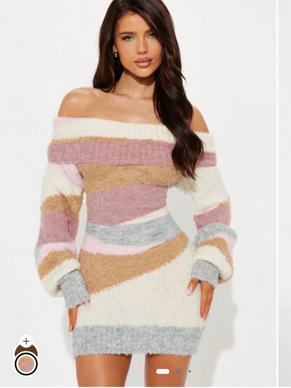 Fashion Nova Off-Shoulder Striped Fuzzy Sweater Dress — Pink, Cream & Tan